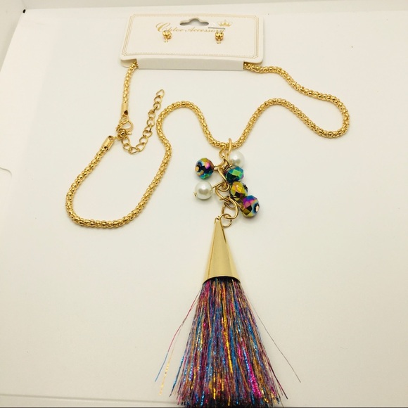 NECKLACE TASSEL & EARRINGS MULTI COLORED! Pierced! - Picture 9 of 11